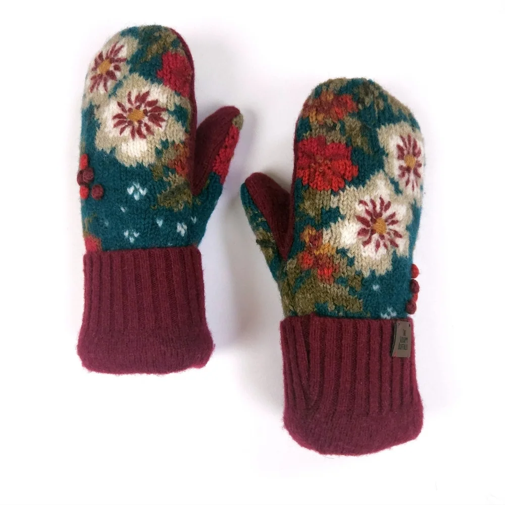 Upcycled Embroidered Teal and Burgundy Sweater Mittens Double Fleece Lined M